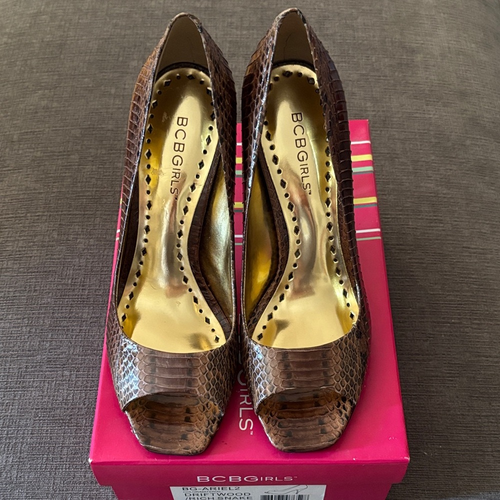 BCBGirls Snakeskin Brown Peep-Toe 4” Heels